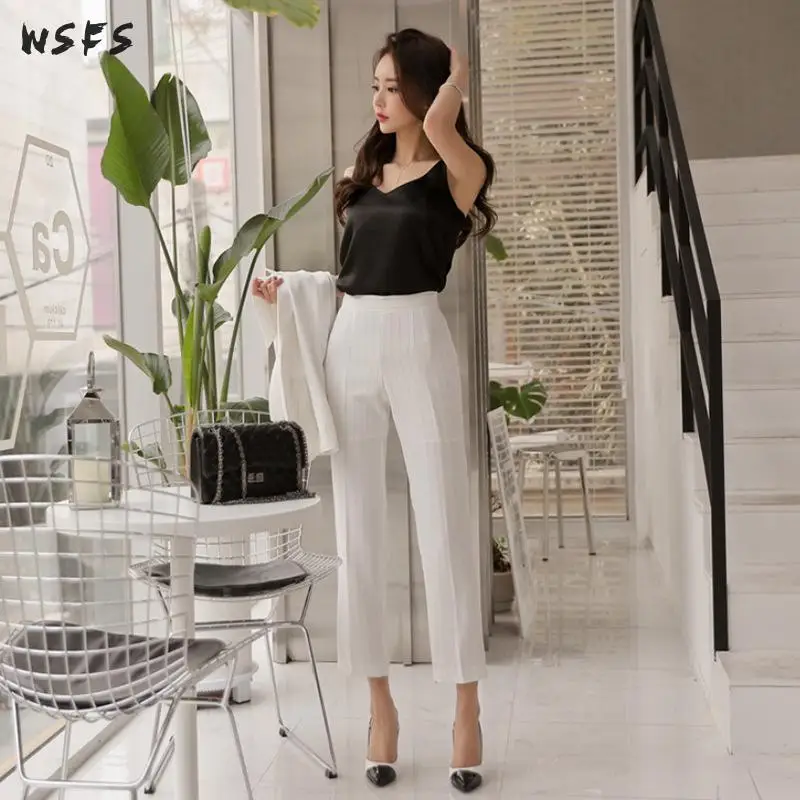 

2 Pieces Set Summer Black Spaghetti Strapless Bandage Tops Office Ladies White Striped Trousers Korean Womens Ninth Pants Suit