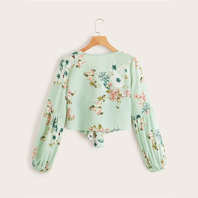 Dotfashion, женская блузка с рукавом Бишоп, цветочный принт, Узелок, кроп, повседневная,, топы, осень, новая одежда, v-образный вырез, корейский стиль, рубашка