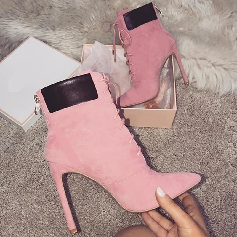 Зимние женские ботильоны из флока с острым носком на тонком каблуке пикантная