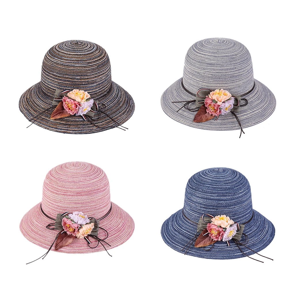 

Summer Flower Straw Hat Women Wide Brim Stripe Sun Hats Beach UV Protection Foldable Floppy Sunhat Female Dome Casual Cap Girls