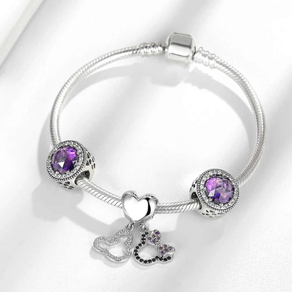 Женский браслет из серебра 100% пробы с Микки и Минни|Браслеты шармами| |