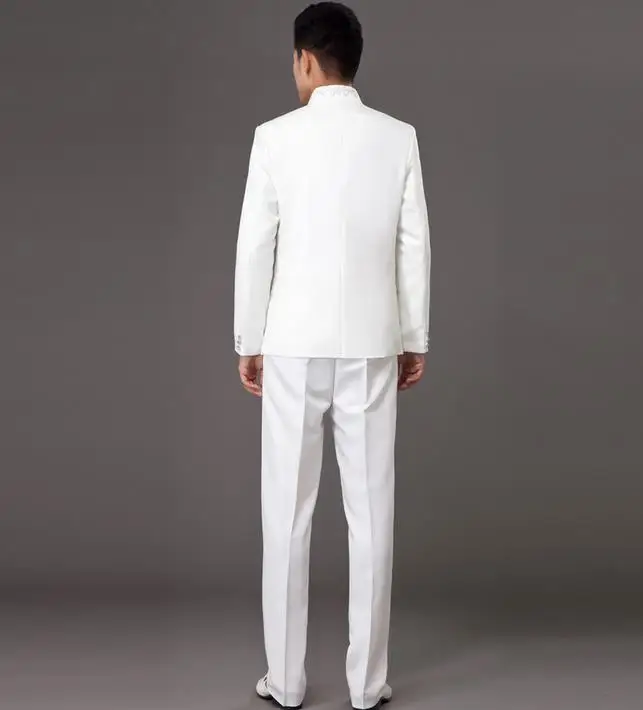 Мужской костюм с вышивкой белый приталенный китайский туника воротником стойкой