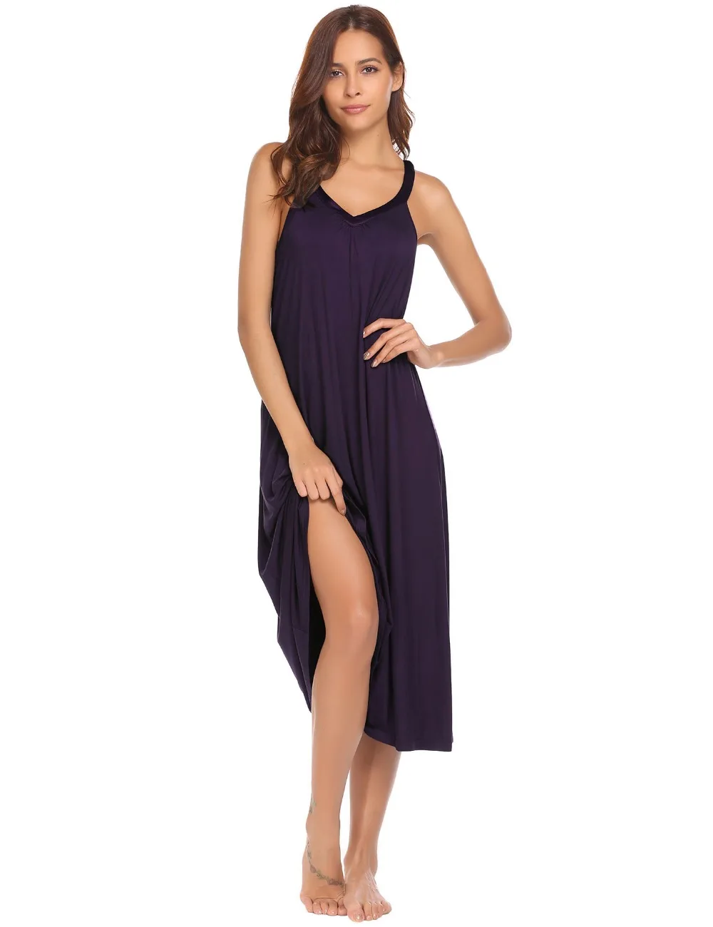 Ekouaer Night Dress Women Lingerie Sleepwear V-Neck Sleeveless Midi Sleep Dress Loungewear Nighty Sleepshirts Cotton Nightgown