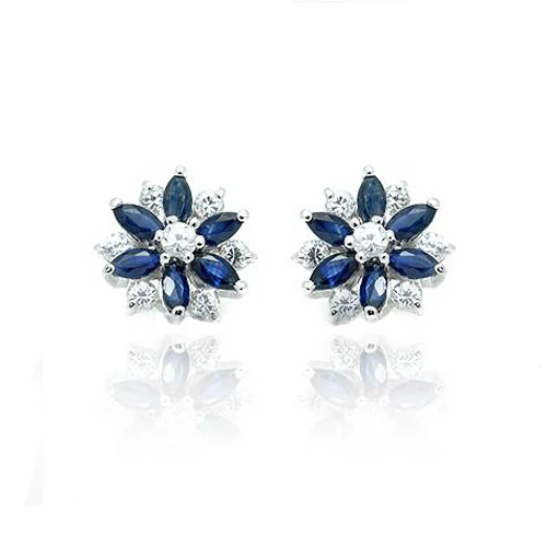 Qi Xuan_Trendy Jewelry_Dark Blue Stone элегантные вечерние серьги-гвоздики с цветком _s925 Solid Silver