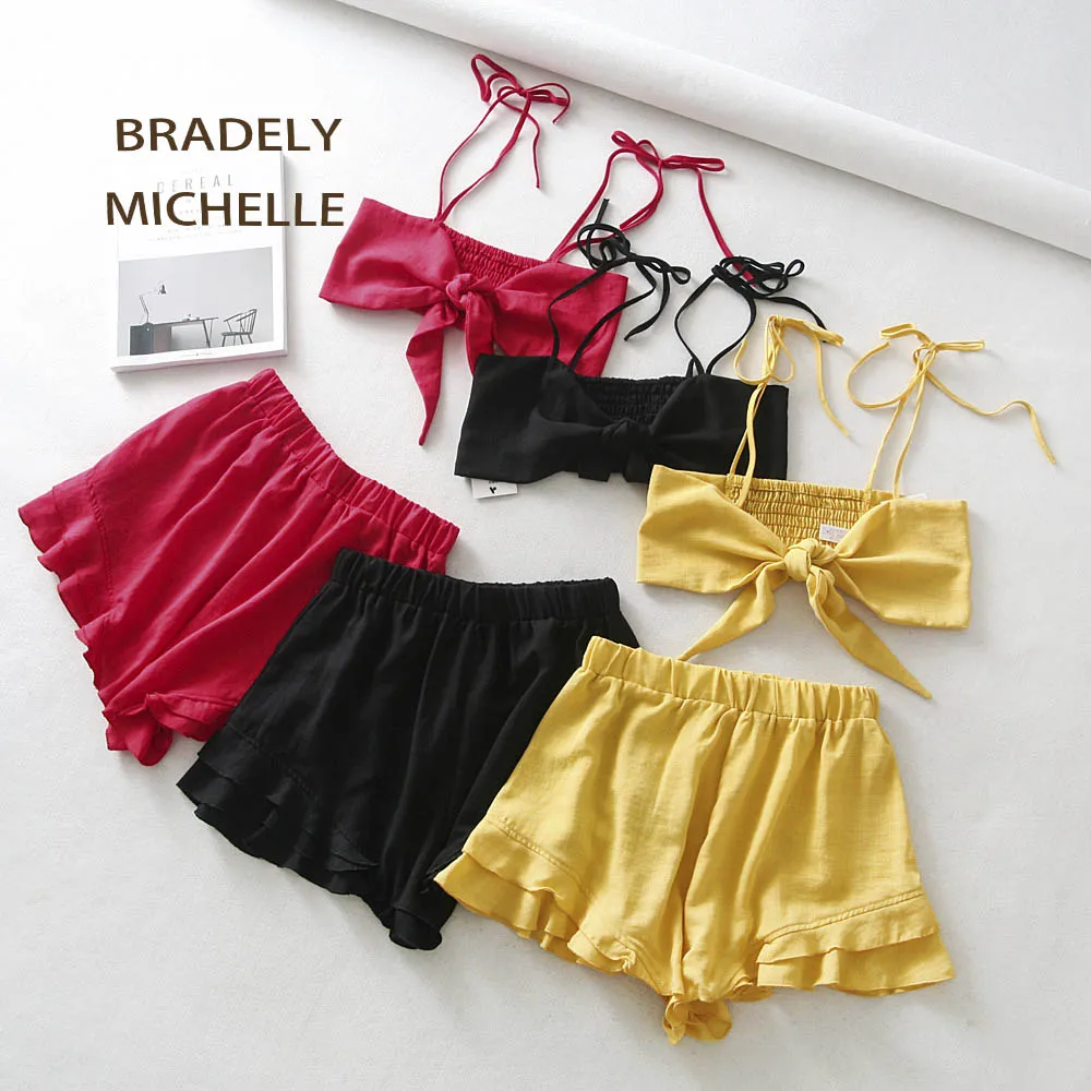 BRADELY MICHELLE, Модный женский комплект из двух предметов, топ и штаны, летняя одежда, укороченный Топ без бретелек и повседневные шорты с оборками
