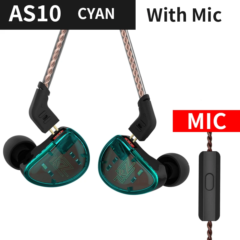 green with mic KZ AS10 в ухо наушники 5BA сбалансированный арматурный драйвер HIFI бас стерео спортивные наушники гарнитура X6 A10 AS16 ZSN ZS10 ZST ZSR PRO - Цвет: green with mic