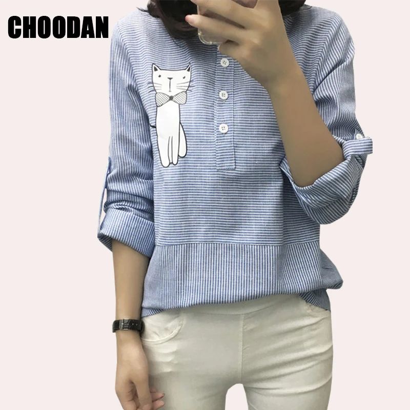 Блузка женская льняная с вышивкой Повседневная рубашка в синюю полоску