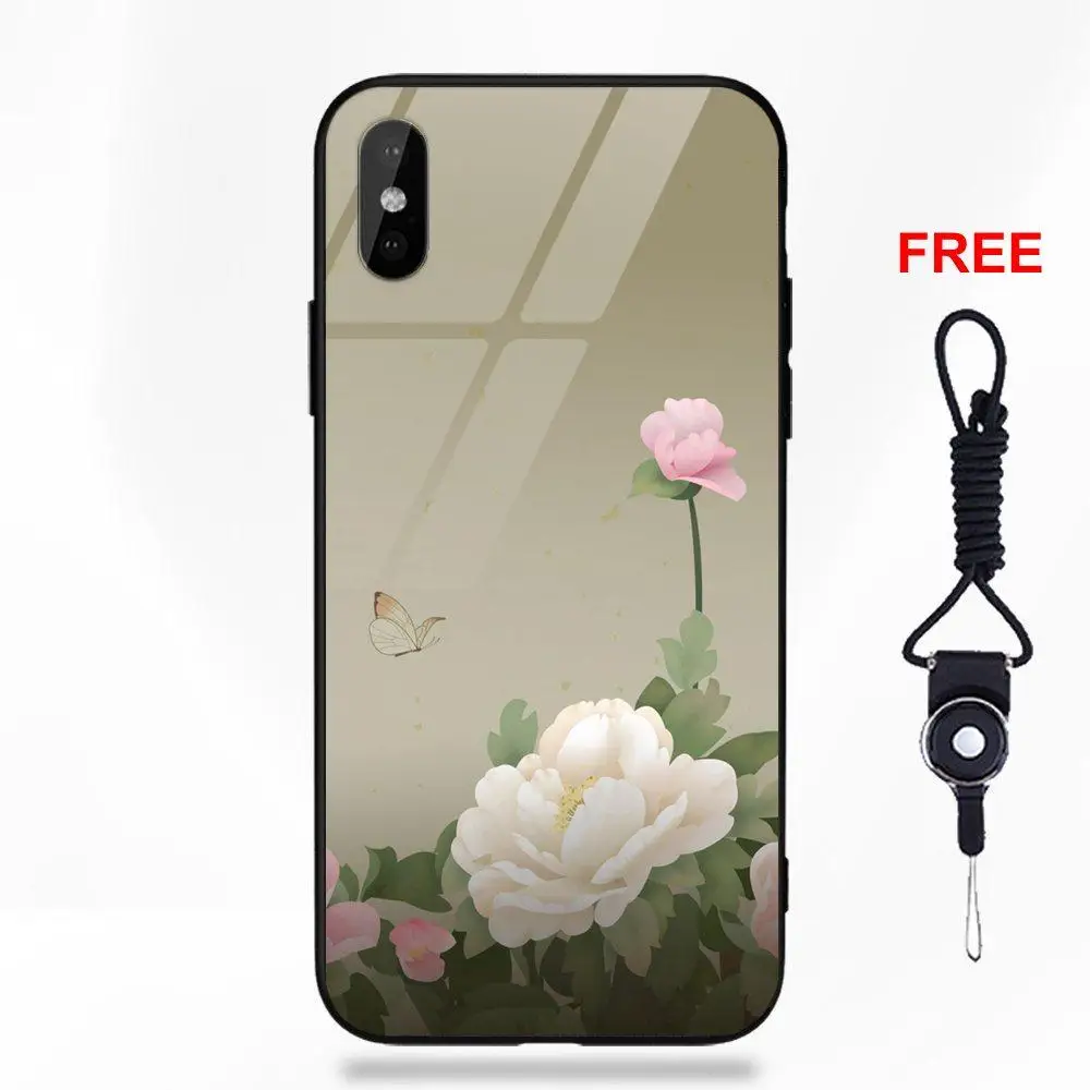 Soft TPU Frame+Tempered Glass Covers For Apple iPhone 5 5C 5S SE 6 6S 7 8 Plus X XS Max XR Art Peony Flower Beautiful Flowers | Мобильные