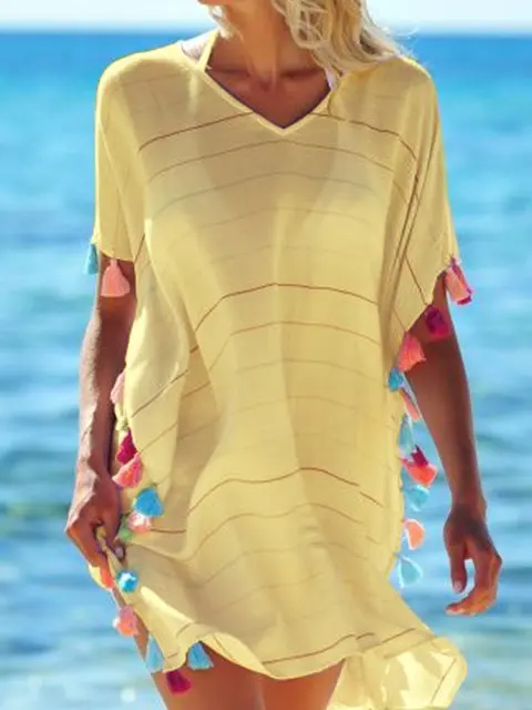 Summer V Neck Women Bath Suit Bikini Striped Swimwear Cover Up Beach Dress Sarong Wrap Pareo Sundress - Цвет: Цвет: желтый