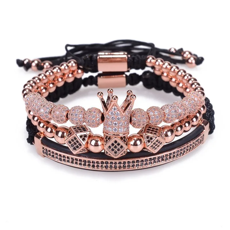 Rose Gold set-6 Новинка, роскошный мужской браслет, ювелирное изделие, корона, шарм, 6 мм, микро, Pave CZ Ball, макраме, браслеты, Pulseira Masculina, праздничные подарки - Окраска металла: Rose Gold set-6