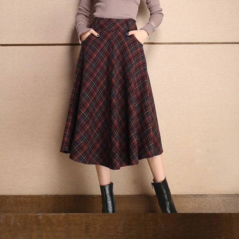 Осенне-зимняя Толстая вязаная юбка Kilt women's A Linie A shape винно-красные миди юбки клетчатые плиссированные большие юбки