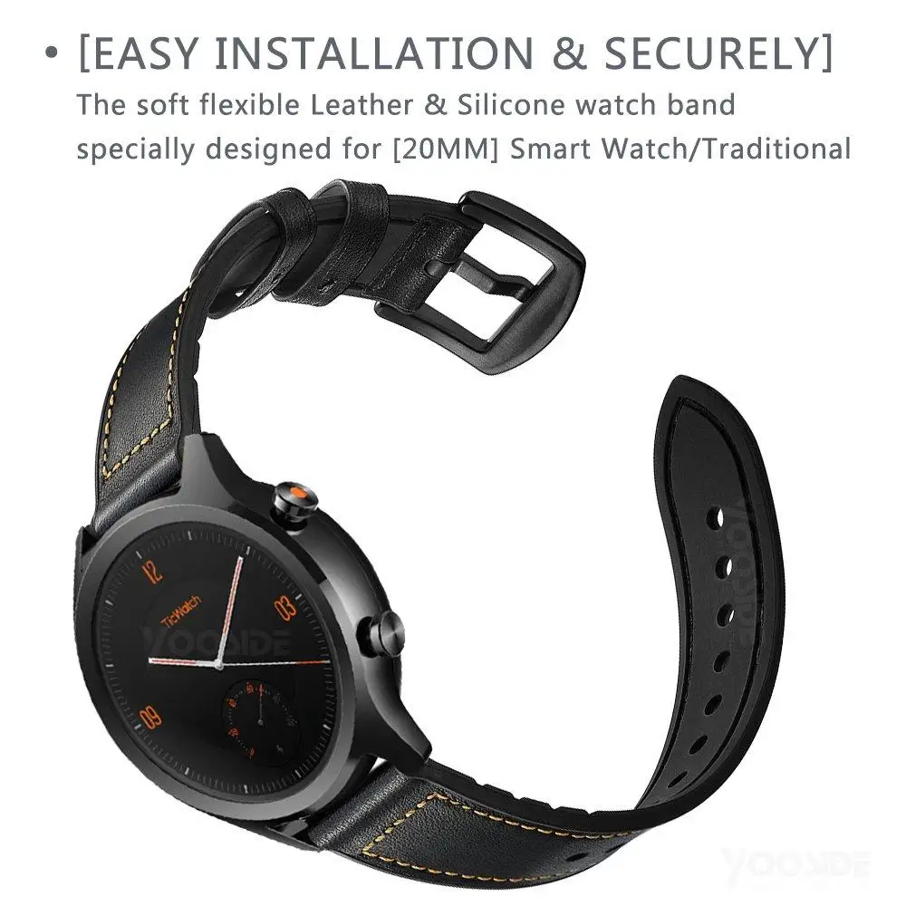 TicWatch C2 браслет 20 мм быстросъемный из натуральной кожи Силиконовый ремешок для часов TicWatch C2 оникс/платина, TicWatch2/E