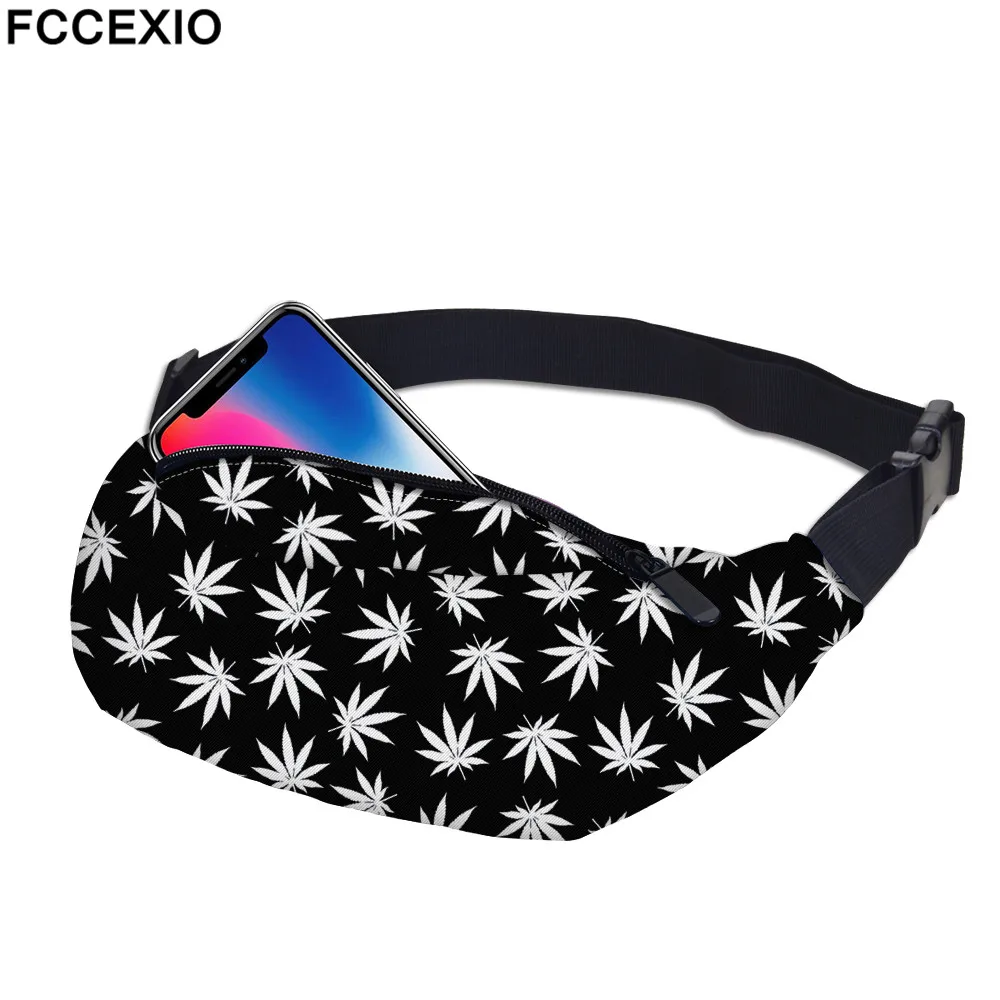 FCCEXIO 3D красочный поясной Пакет Для Мужчин Поясная Сумка Стиль бум Сумка зеленые сорняки женские деньги Пояс Путешествия мобильный телефон сумки - Цвет: Черный