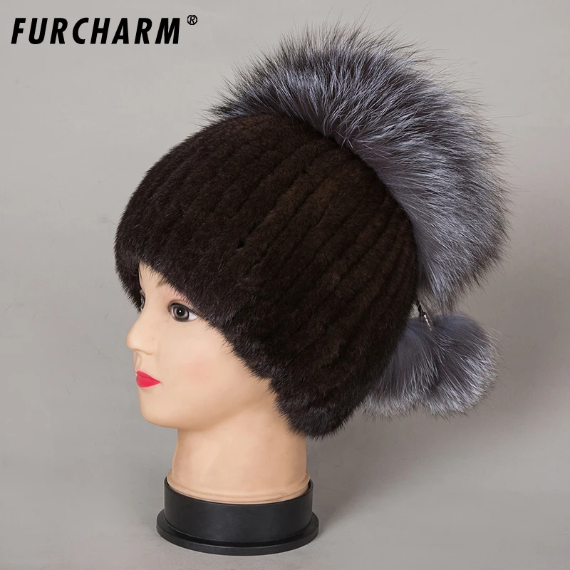 Зимние шапки 2018 из меха норки шапки-бини Меха чернобурки шапка с помпоном