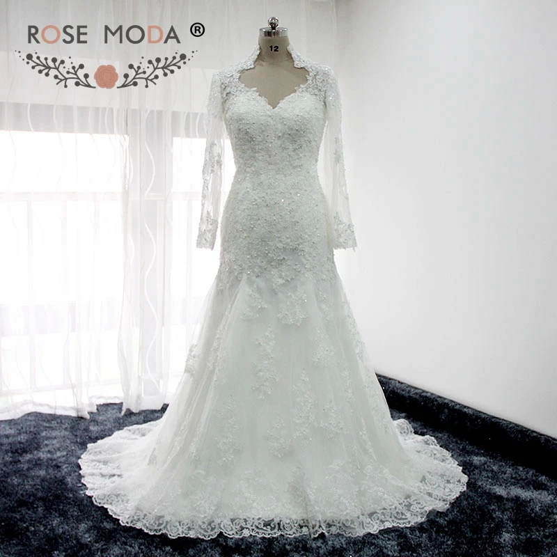 

Rose Moda Long Sleeves Mermaid Wedding Dress Lace Trumpet Wedding Dresses Illusion Back