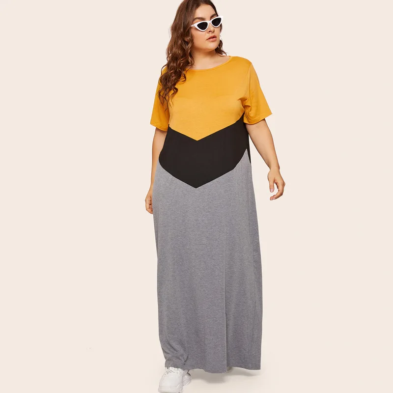 5XL размера плюс длинное платье Макси женское летнее с коротким рукавом контрастное разноцветное элегантное платье свободного кроя больше размера d женское платье-туника