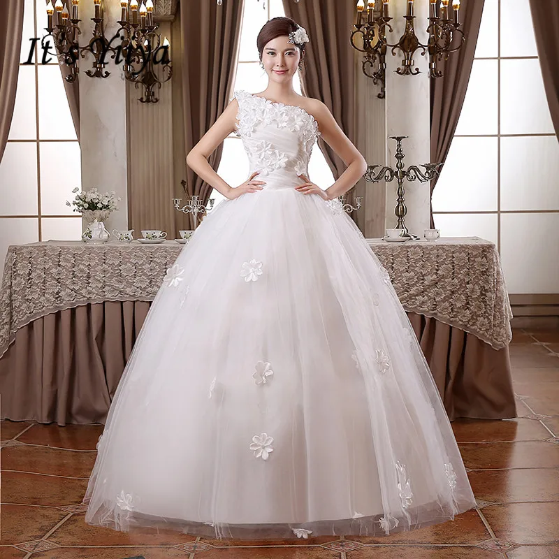 

It's YiiYa Wedding Dress White One Shoulder Sleeveless wedding dresses Appliques Flowers Lace Up Princess Bridal Ball Gown HS100