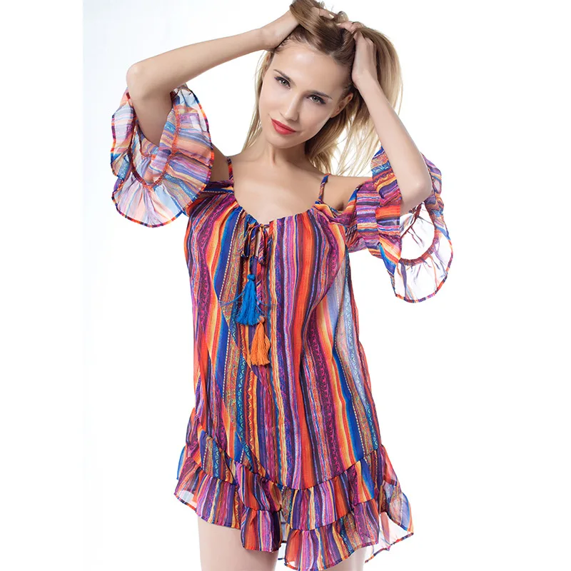 Радужное платье на бретельках Каскадное шифоновое с оборками vestidos de fiesta бахромой