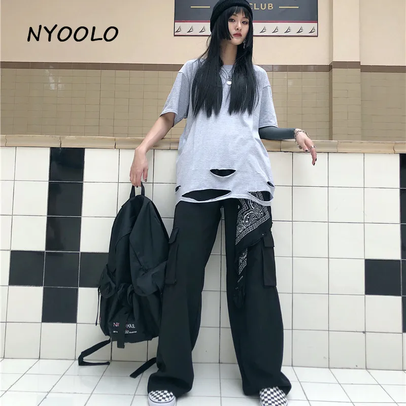 NYOOLO Harajuku Стильная однотонная футболка с дырками, летняя уличная свободная футболка в стиле хип-хоп с коротким рукавом, Женская/Мужская одежда, топы, футболки