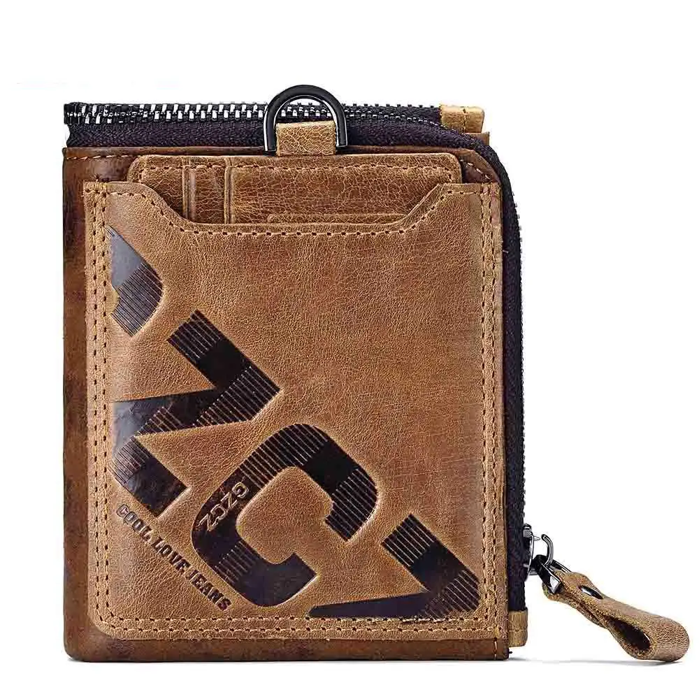 

Johnature Retro Genuine Leather Men Short Wallets And Purses 2021 New Letter Zipper Hasp Small Multi Position Card Holder