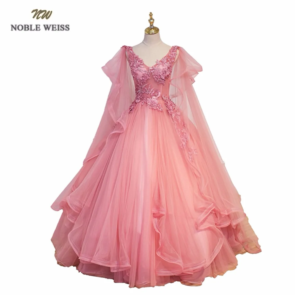 

NOBLE WEISS Sexy Pink Prom Dresses Appliques Beading Ball Gown V-Neck Bare Back See through Tulle Prom Gown