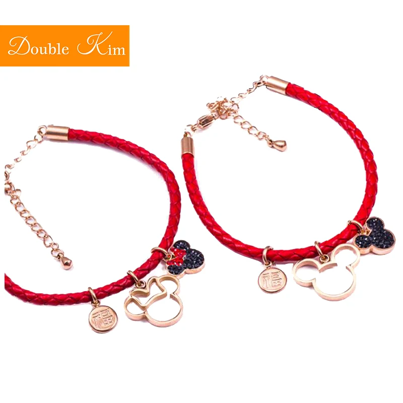 

Cartoon Kawaii Red Leather Bracelets Lovely Kawaii Style Titanium Steel Material Rose Gold Color Fashion Women Jewelry Gift