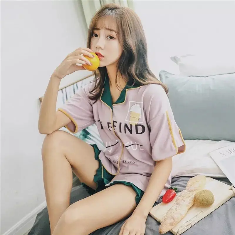 Женский пижамный комплект милый из 2 предметов: топ с коротким рукавом и шорты