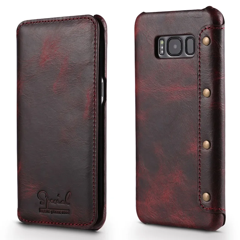 Wine red Case Solque Чехол-книжка из натуральной кожи для samsung Galaxy S8, S9 Plus, S, 8, 9, сотовый телефон, Роскошный Ретро Кожаный чехол-бумажник - Цвет: Wine red Case
