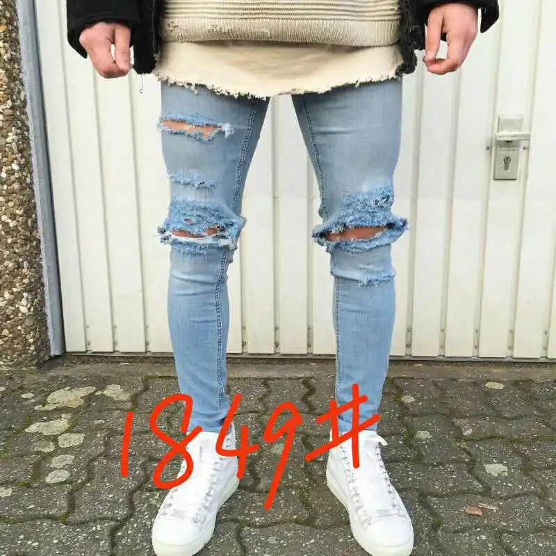 

Men's Jeans Vintage Blue Skinny Streetwear Destroyed Ripped Jeans 2019 Men Casual Hip Hop Keen Hole Jeans