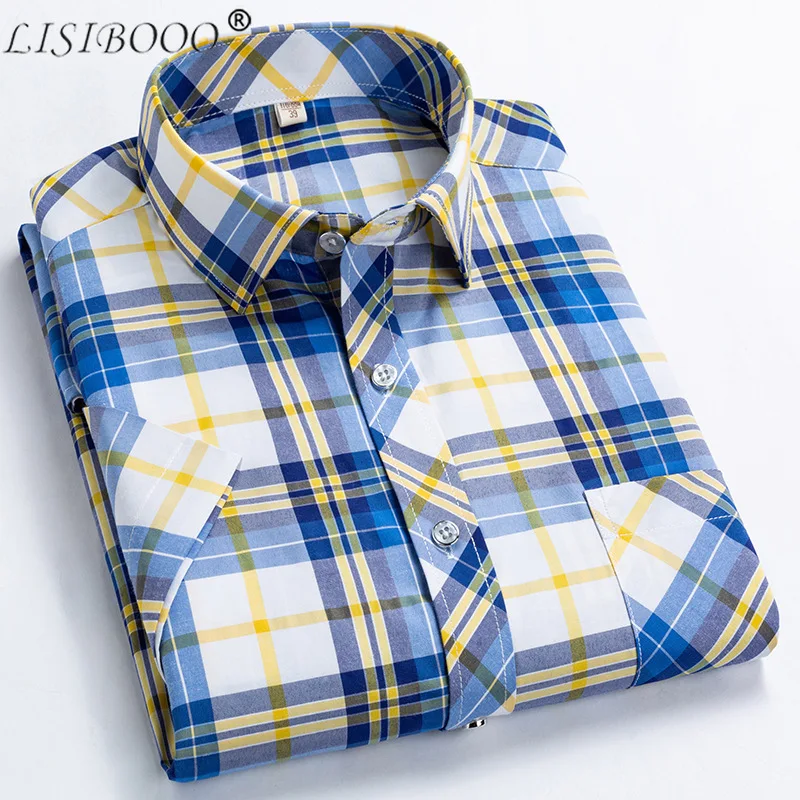 

LISIBOOO New Fashion Spring and Summer Mens Short Sleeve Shirt Slim Flt Men Casual Business Dress Shirt Male Plaid