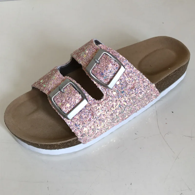 Женские летние тапочки с блестками модные женские двойной пряжкой пробковые