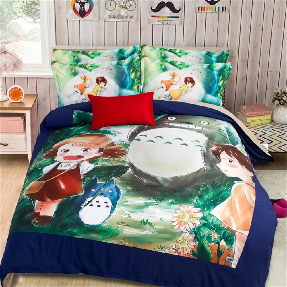 

Fashion Japanese Bedding set Anime 3D printed cartoon Totoro 3/4pcs polyester Twin King Size Duvet Cover flat sheet home texties