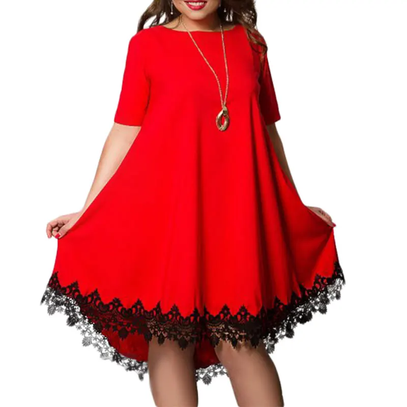 red dress Нерегулярный Вязаный Подол Платье Миди Черный Кружево Вышивка Лоскутный Без Спинки Короткий Рукав Вязаный Больше Плюс Сайз Платье Для 4xl 5xl 6xl Одежда Для Полных Женщин Одноцветный Сплошной Цвет Платье - Цвет: red dress