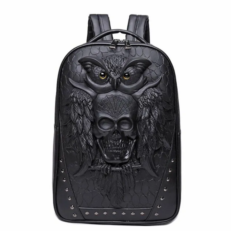 

Men Backpack 3D Owl Skull Embossing Rivet Black Purse Satchel Halloween Stylish Cool PU Leather laptop Travel Soft Bags