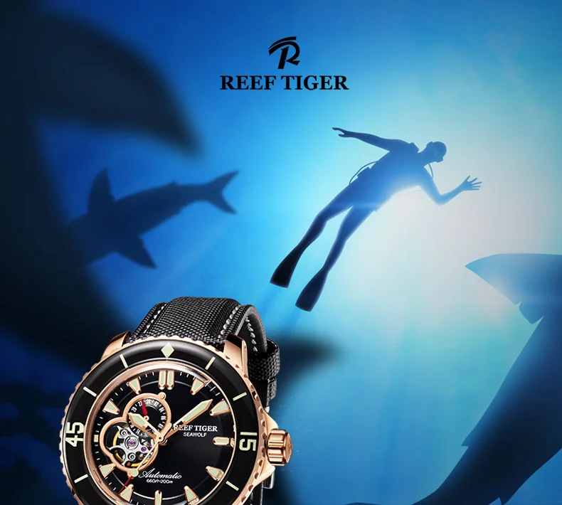 Reef Tiger/RT Брендовые спортивные часы мужские s сапфировое стекло нейлоновые светящиеся Tourbillon водонепроницаемые автоматические механические часы мужские