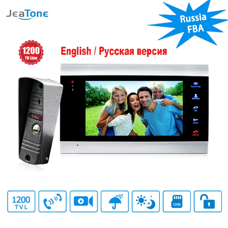JeaTone 7 дюймов видео дверной звонок монитор домофон с 1200TVL наружная камера IP65 домофон система Поддержка Камера видеонаблюдения