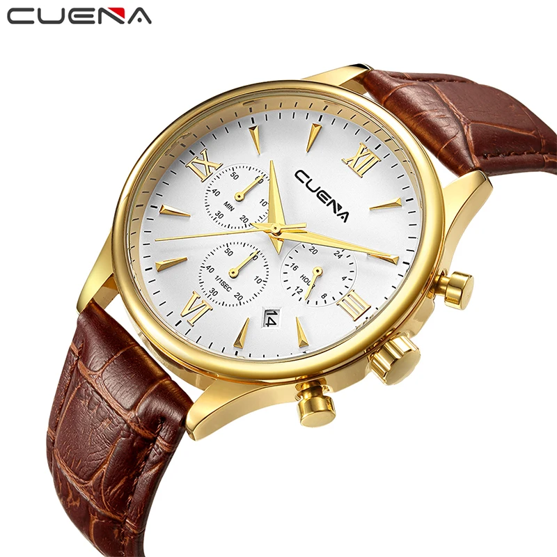 CUENA бренд для мужчин кварцевые часы мужской моды хронограф кожа Relojes Relogio Masculino