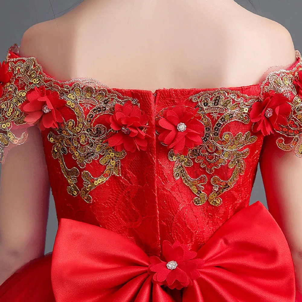 Exquisite Ball Gown Red Long Trailing Flower Girl Dresses for Weddings kids Elegant Gold Wire Birthday Pageant Dress Custom Made | Детская