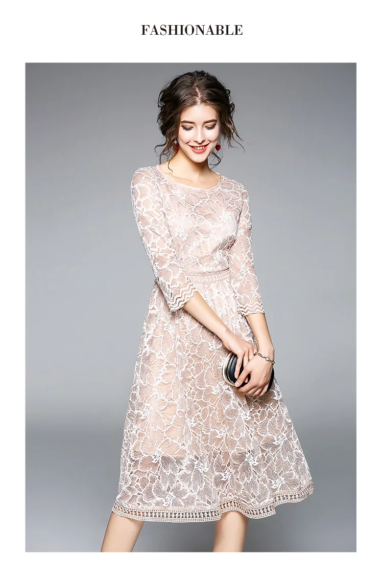 Новое Женское желтое кружевное платье 2018 женское весна лето 3/4 с рукавами круглым