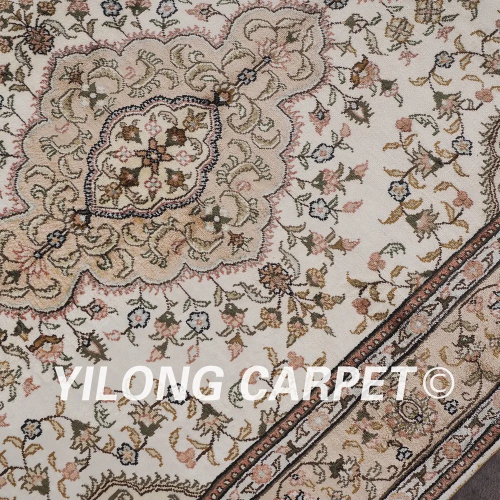 Шелковый коврик YILONG 3 'x 5' Тебриз ручной работы шелковые бежевые изысканные
