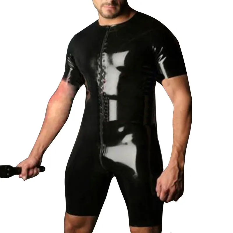 Модные мужские сексуальные черные латексные колготки костюм кошки с короткими