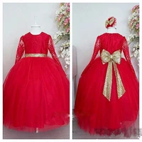 red lace tulle flower girl dress gold sequined bow long sleeves kids pageant gowns first communion dress