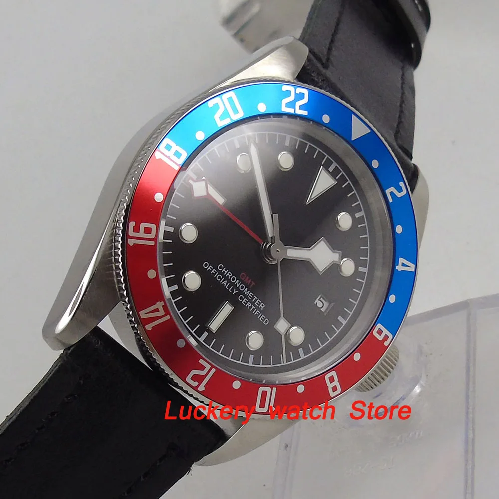 Мужские часы Corgeut GMT 41 мм с черным циферблатом светящийся вращающийся ободок
