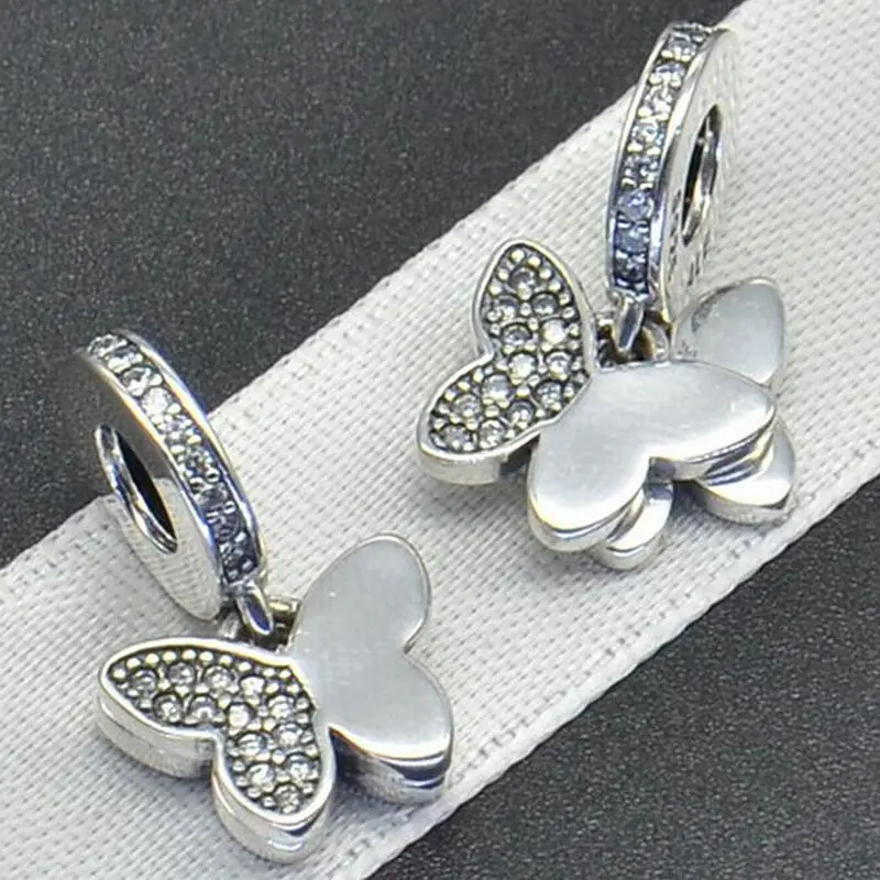 Подвеска стразы из серебра 100% пробы с 2 бабочками подходящая для европейского