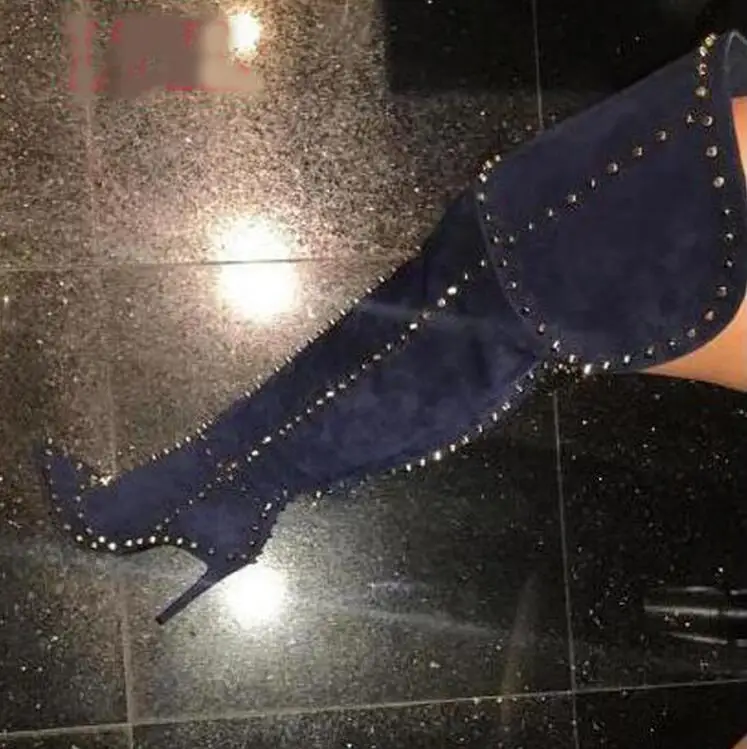 

Sestito Woman Sexy Rivets Embellished Zipper Motorcycle Boots Ladies Stiletto High Heels Over-the-knee Boots Pointed Toe Shoes
