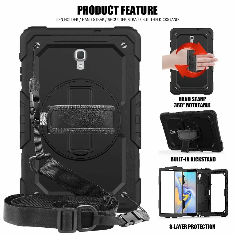 For Samsung Tab A 10.5 T590 T595 Silicon Shockproof Armor Heavy Duty Silicone Stand Cover Handheld Shoulder Strap Kid Safe+pen