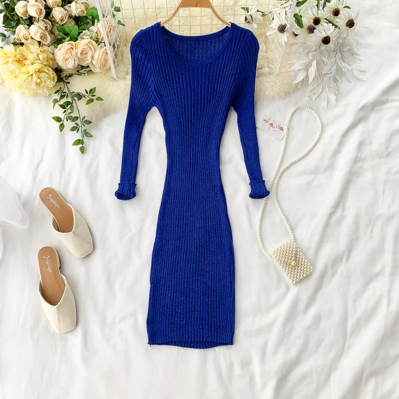 Женское трикотажное платье с высокой талией Осеннее облегающее во французском