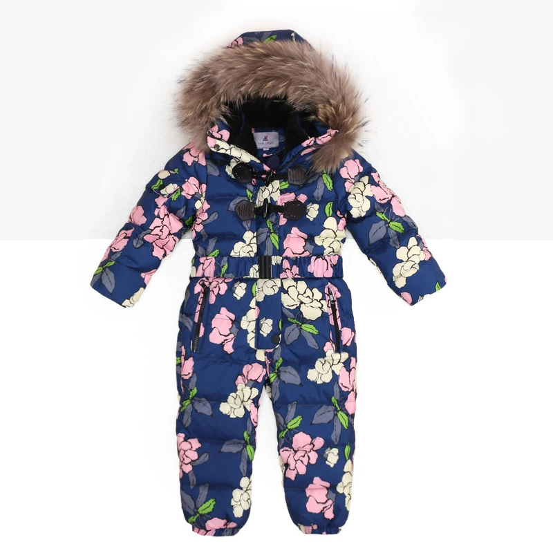 Blue Floral Зимние комбинезоны для девочек, комбинезоны с натуральным мехом для детей с капюшоном, теплые модные спортивные комбинезоны для мальчиков, зимняя одежда для больших детей - Цвет: Blue Floral