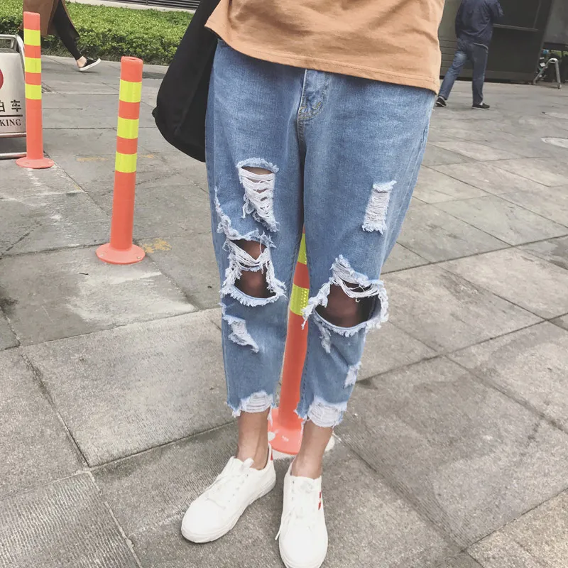 New Jeans Men Hole Slim Fit Denim Straight Jean Couple Casual Stretch Destroyed Ripped Jeans Men Skinny Jeans 1804071