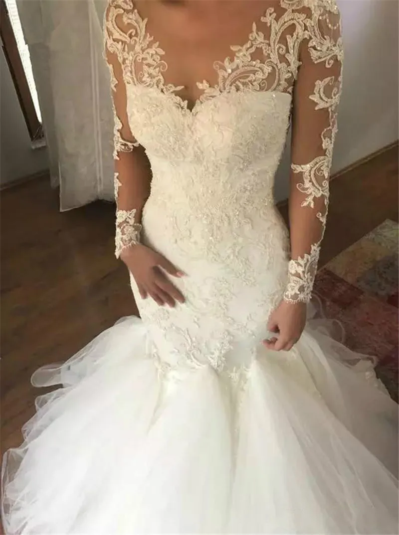 Vestidos Novias Boda 2019 Lace Wedding Dresses Mermaid Long Sleeves Appliques Saudi Arabic Gown Bridal trouwjurk | Свадьбы и